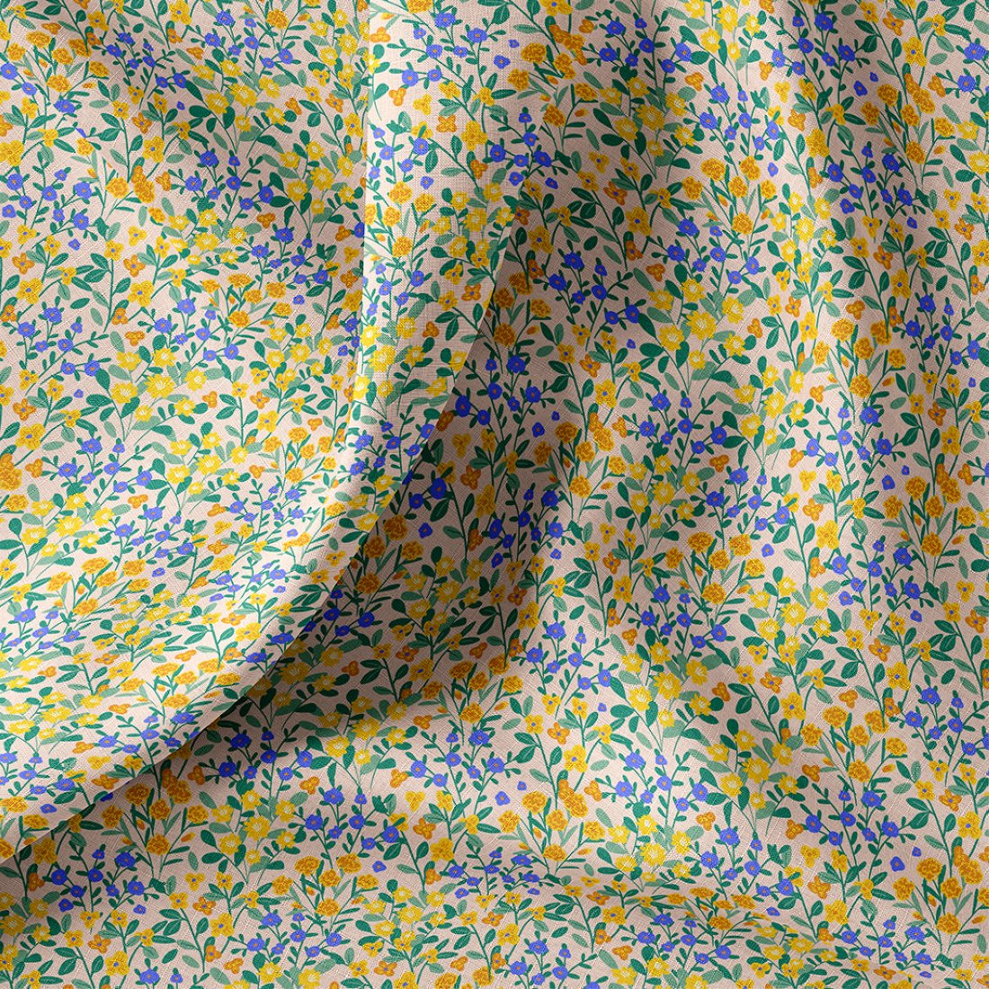 Tissu cretonne fleurettes jaune et bleu - DOMOTEX