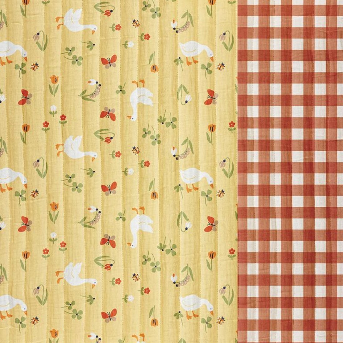 Tissu matelassé double gaze oies jacotte fond jaune envers vichy rouge - DOMOTEX