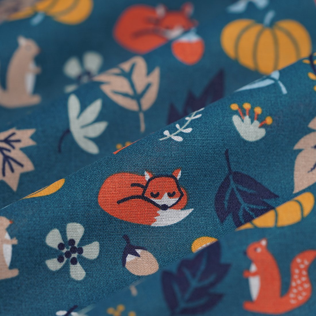 Tissu cretonne coton bleu canard feuilles & animaux de la forêt