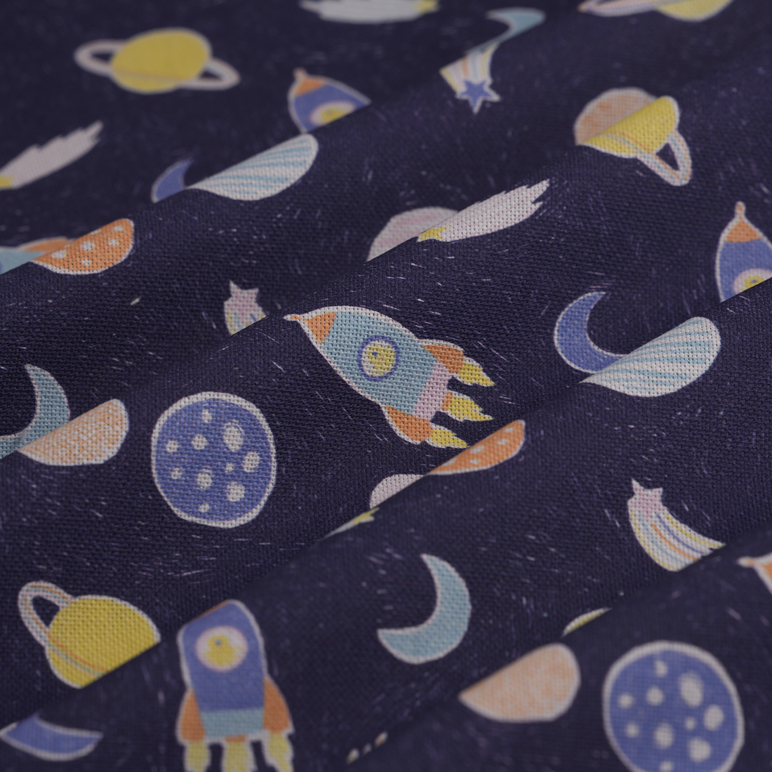 Tissu bachette planètes fusées bleu - MT