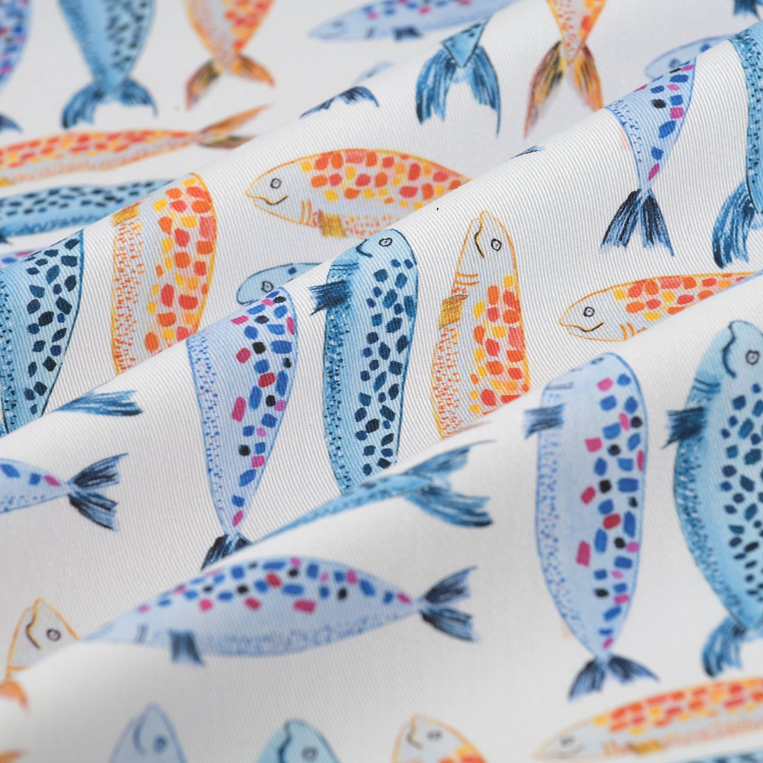 Tissu bachette coton linenlook poissons sardines beige