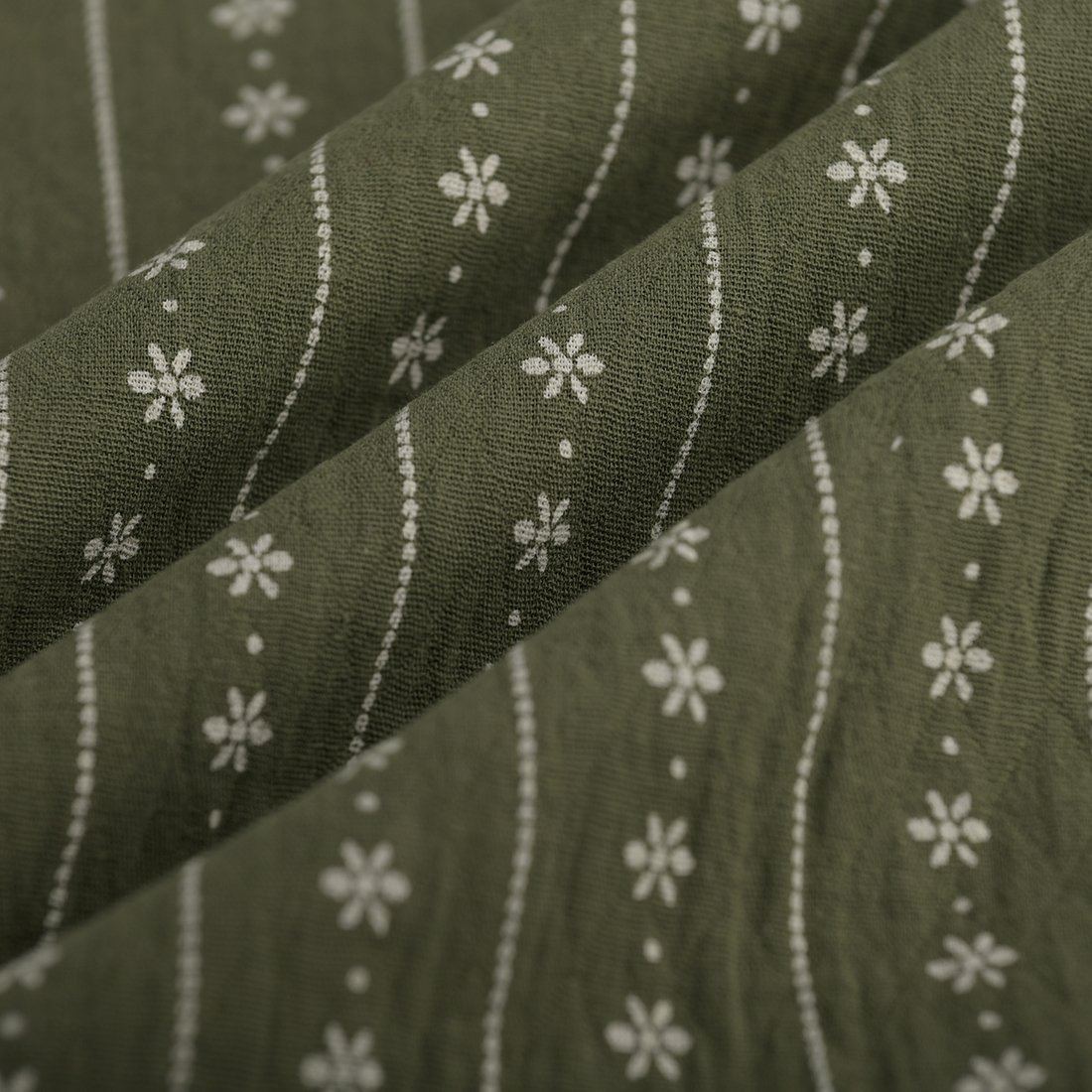 Tissu toile coton fleur ligne écru kaki