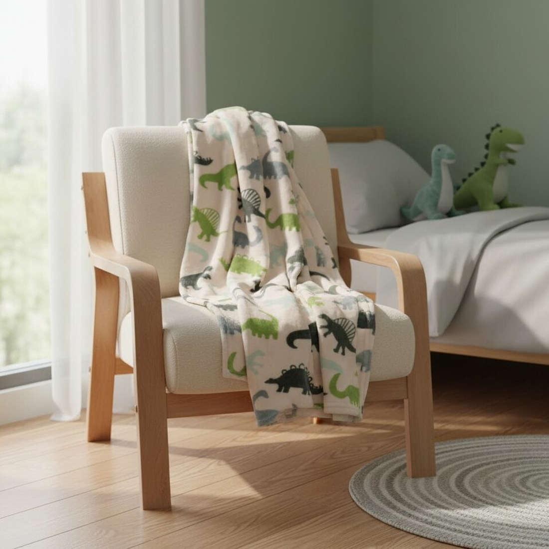 Plaid flanelle dinausorus blanc kaki 90x120 cm - MT
