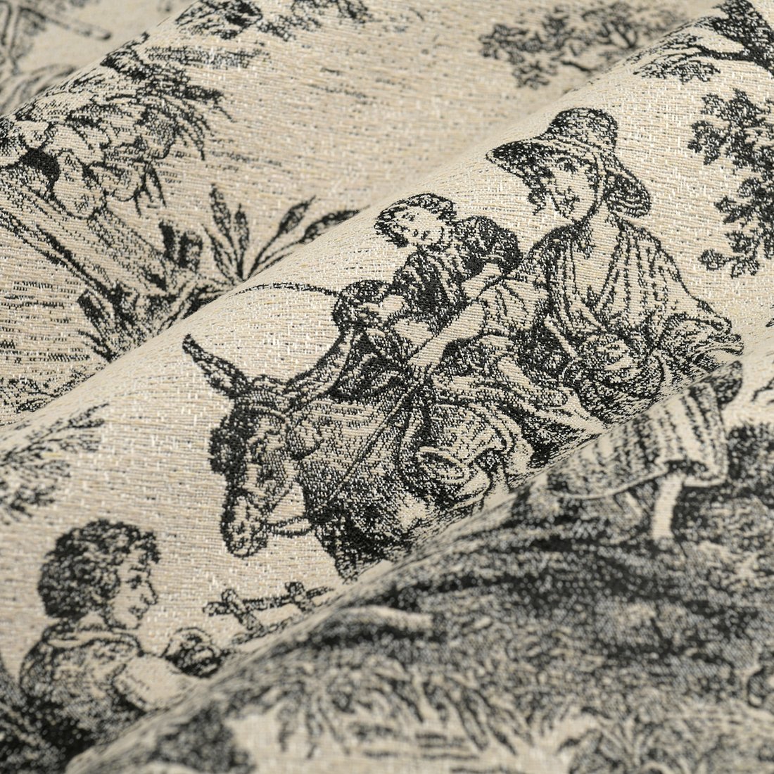 Tissu jacquard toile de Jouy naturel noir