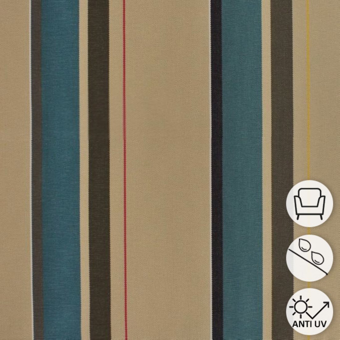 Tissu outdoor déperlant anti-uv beige rayé pétrole et noir 150 cm