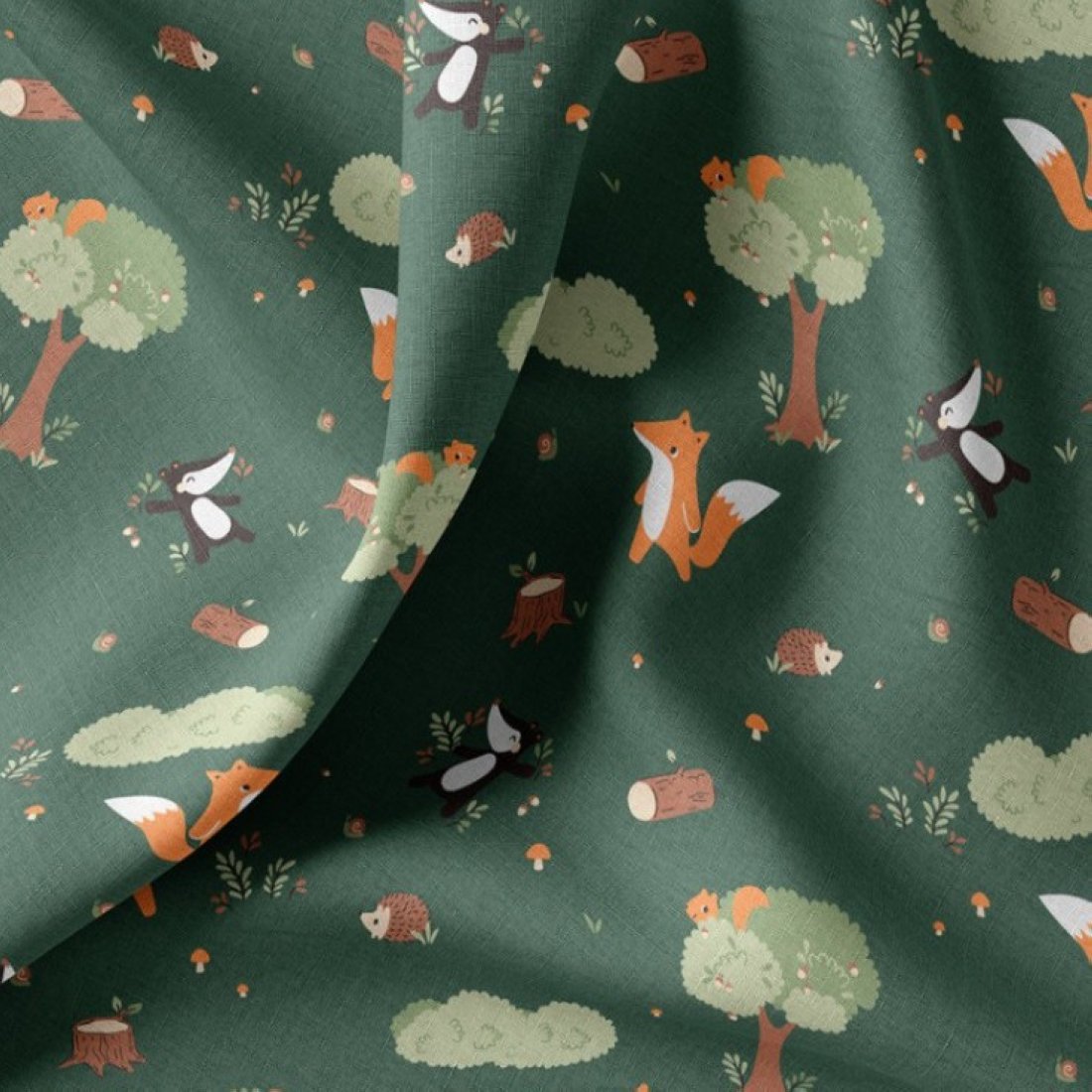 Tissu cretonne zanimaux de la forêt vert - DOMOTEX