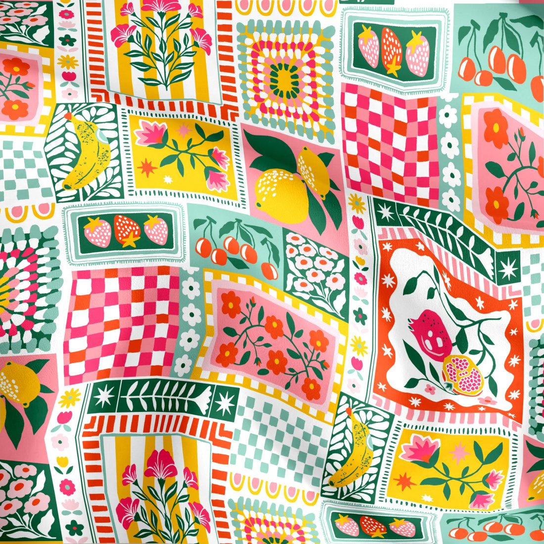 Tissu cretonne imprimé patchwork estival