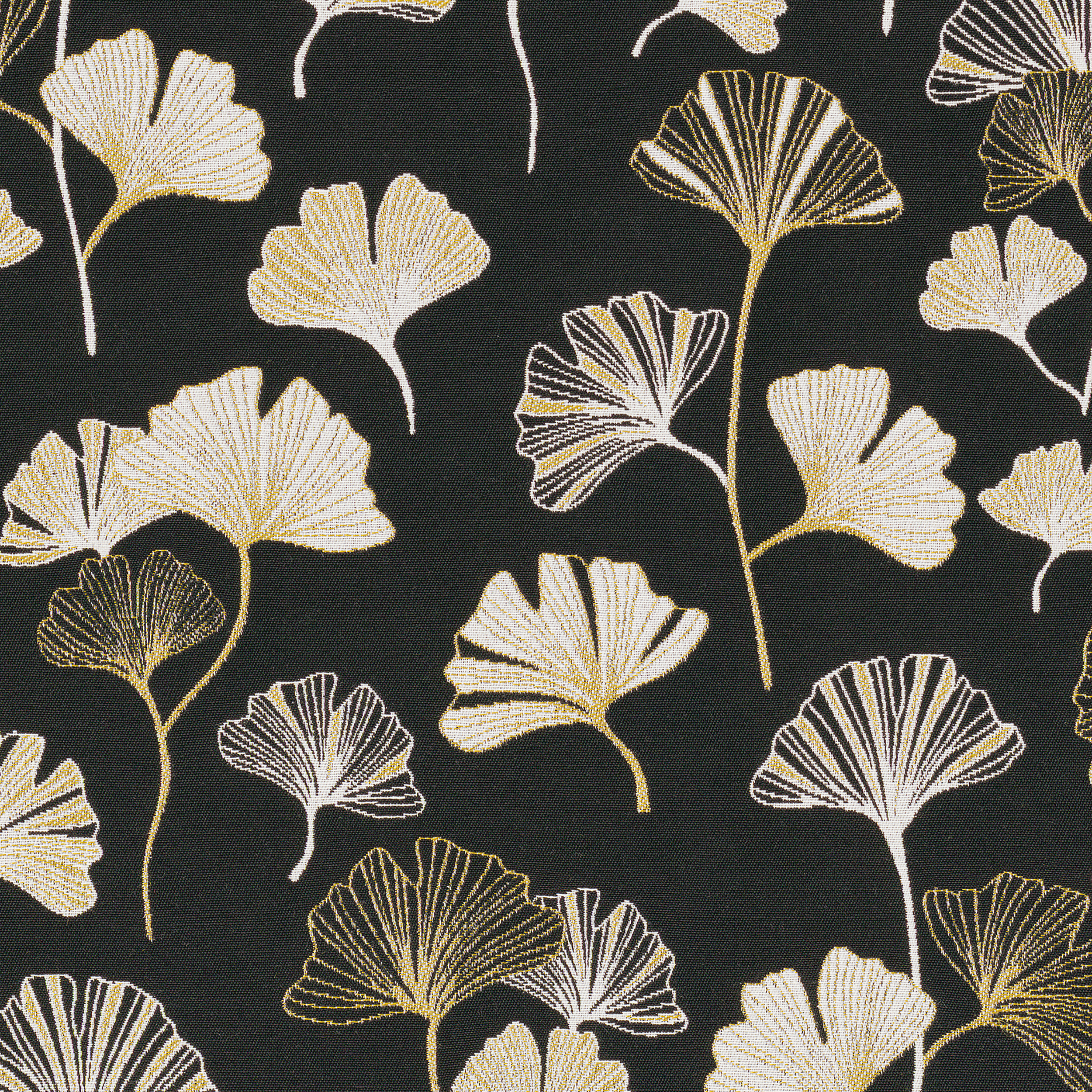 Tissu jacquard noir motifs feuilles gingko luineuses blanc doré