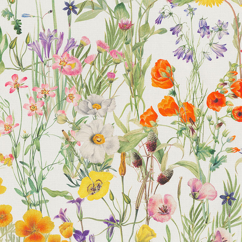 Toile semi panama imprimée blanche fleurs champêtre