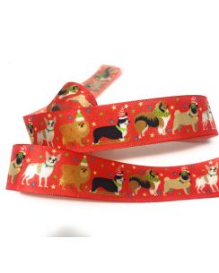 Ruban de Noël - Festive Pets - 25mm Satin Ruban - Rouge