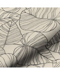 Tissu bachette linenlook dessin fin feuilles noires