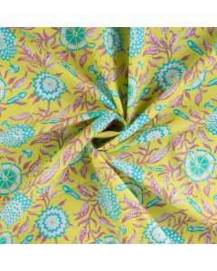 Tissu voile coton imprimé fleur indienne bleu jaune