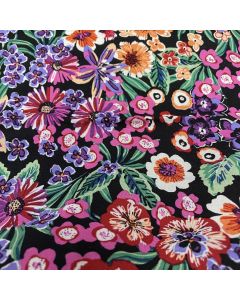 Tissu popeline viscose noir jardin fleuri violet rouge