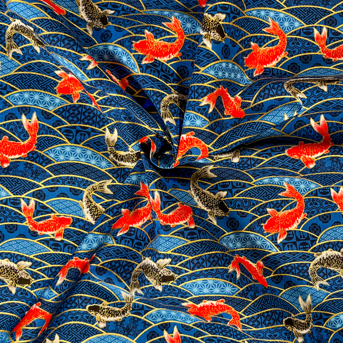 Tissu Coton Fin Imprimé Carpes Koï Orange - Largeur 1,45 M, Longueur 20 M, Blanc Et Bleu, Neuf