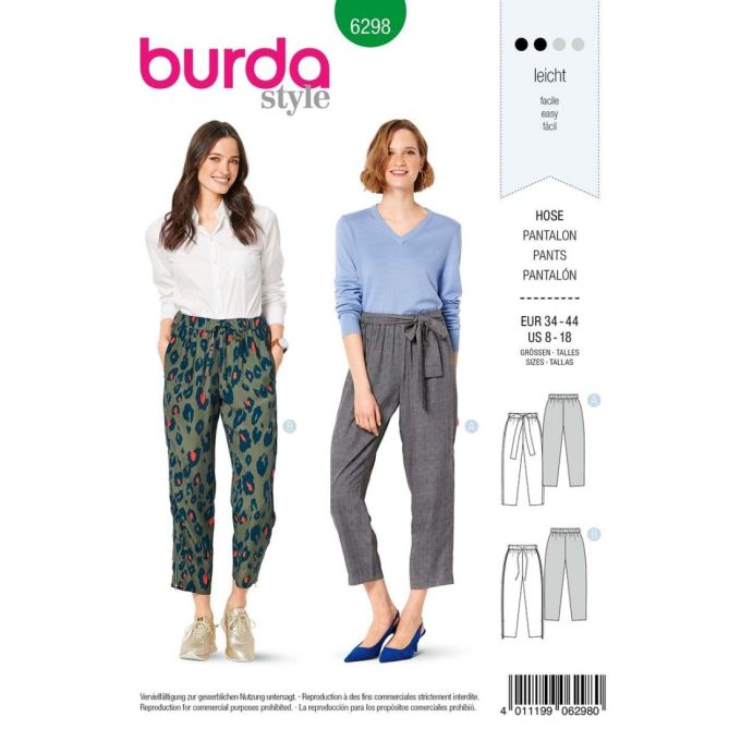 Patron Couture Pantalon Burda 5960 - Taille Femme 34-48, Niveau Débutant | Coupe Droite, Poche, Taille élastique