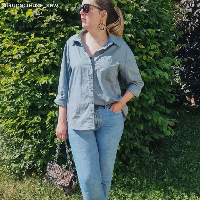 Tissu popeline de coton et polyester recyclé bleu-gris