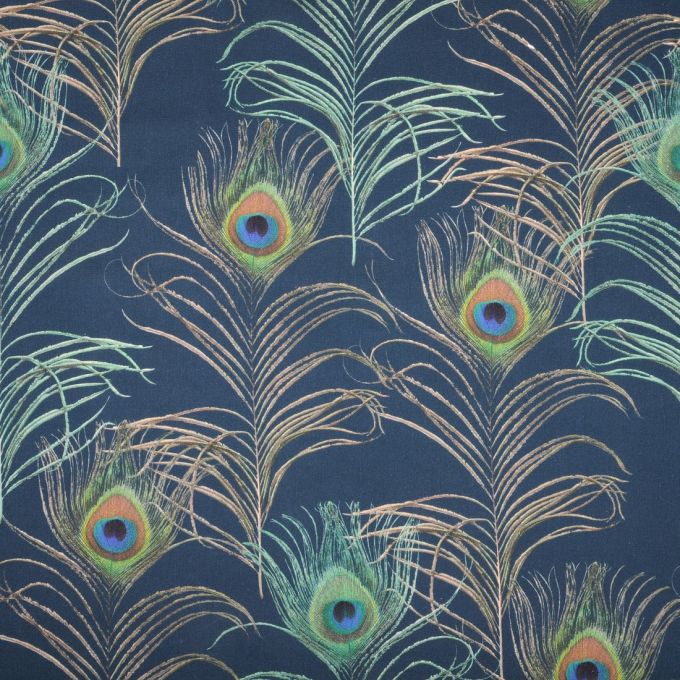 Tissu coton épais imprimé plumes de paon bleu