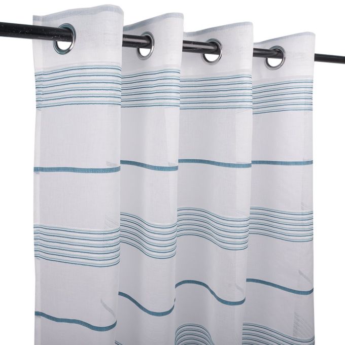Lot De 2 Rideaux Voilage Bleus à Fleurs Bleues Et Pompons, 60cm X 1m12