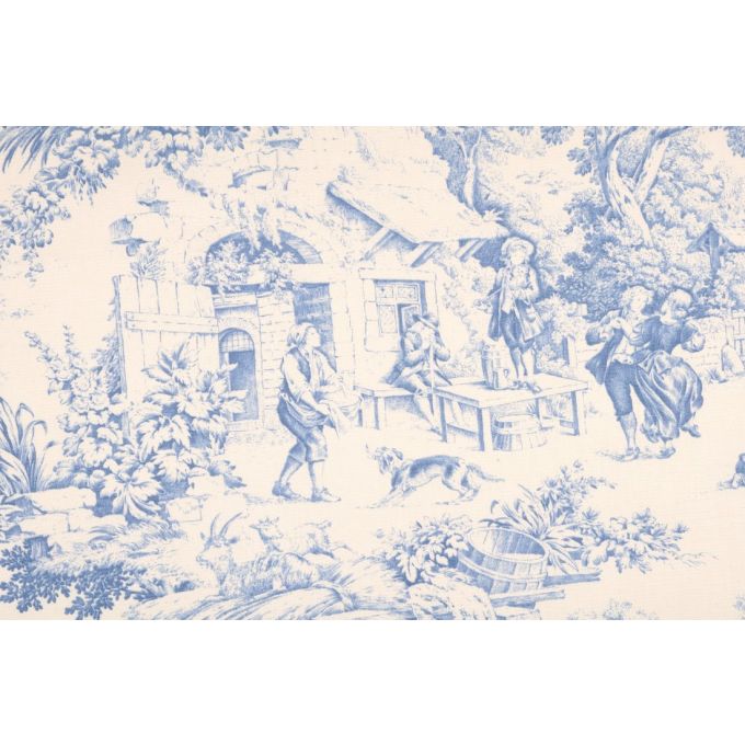 Tissu D'ameublement Toile De Jouy Bleu – 100% Coton, 140 Cm De Large, Vendu Au Mètre