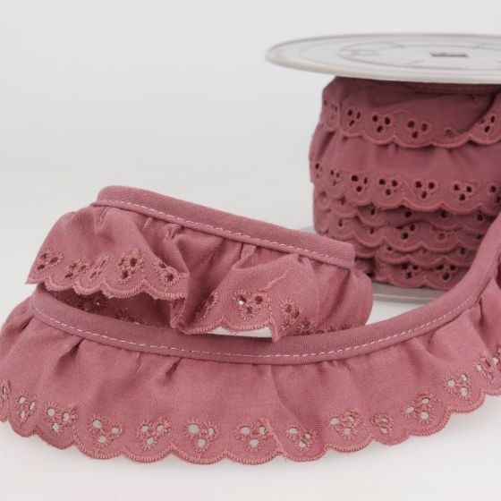 Broderie anglaise froncée 34mm vieux rose