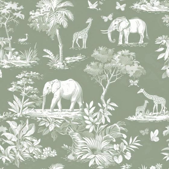 Tissu Satin de Coton Toile de Jouy Savane Sauge, coupon 1m x laize (160cm)