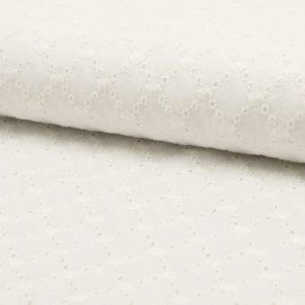 Tissu coton à broderie anglaise fleurs ajourés et gros pois écru