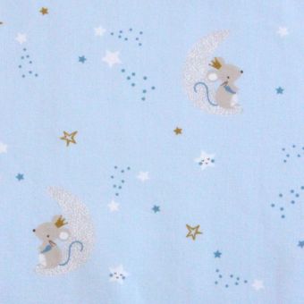 Tissu cretonne imprimé bio souris rêveuse dans ciel étoilé bleu