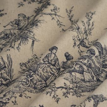 Tissu toile de Jouy coton lin bleu 