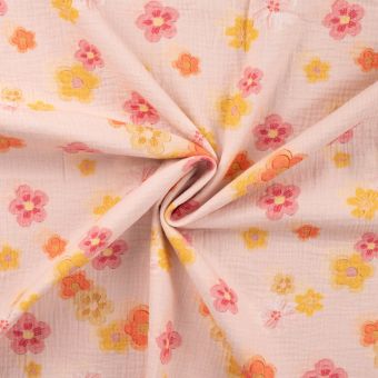 Tissu double gaze imprimé fleur cerisier aquarellé saumon
