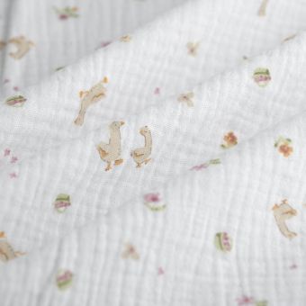 Tissu double gaze oies fleuri rose écru
