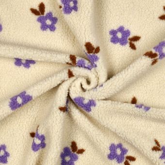 Tissu Sherpa fleurette violet sur fond écru 