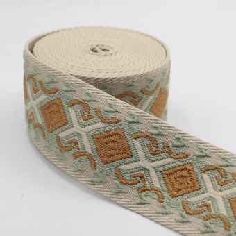 Ruban sangle ecru motif losange ethnique marron et vert 50 mm