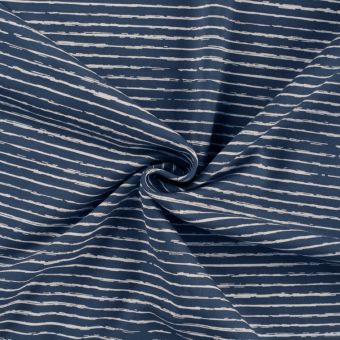 Maille jersey coton imprimée rayures crayonnees blanches bleu jeans