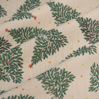 Tissu bachette de Noël fil lurex sapin vert écru