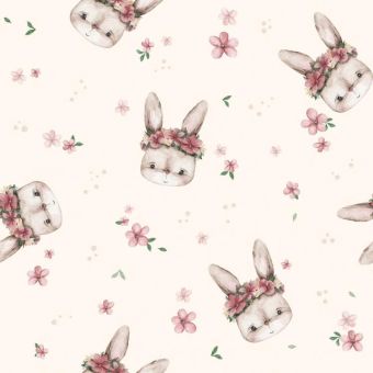 Tissu Minky lisse Fleuri Petit Lapin Crème, coupon 1m x laize (150cm)