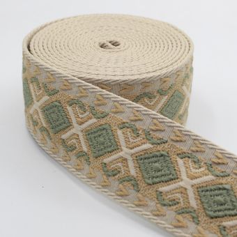 Ruban sangle ecru motif losange ethnique vert et beige 50 mm