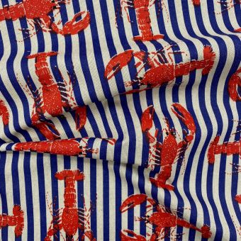 Tissu bachette linenlook enduit imprimé écrevisse bleu marine