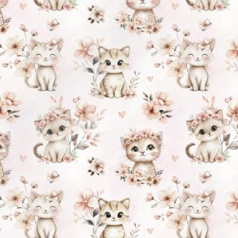 Tissu Double Gaze Chats et Fleurs Rose, coupon 1m x laize (145cm)