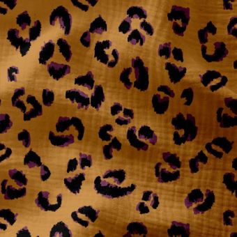 Tissu double gaze imprimé léopard marron et violet