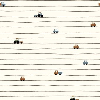 Maille jersey coton rayures voiture camion blanc