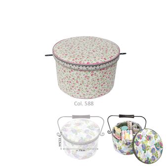 Boite à couture ronde motif fleurs rouge 22x13,5 cm