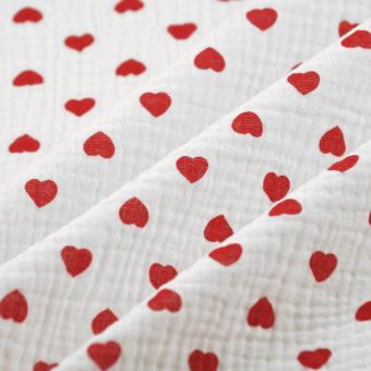 Tissu double gaze petit coeur rouge écru