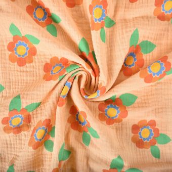 Tissu double gaze grosses fleurs orange pêche