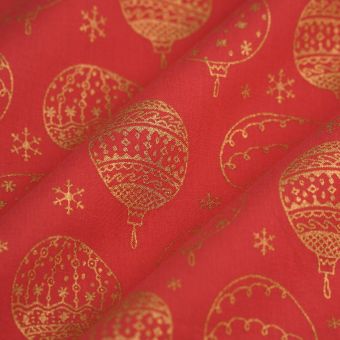 Tissu cretonne boule de Noël or rouge 