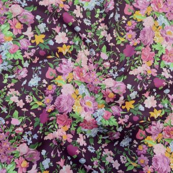 Batiste de coton Liberty x Bridgerton 2026 - bouquet carnival fond prune - Tana Lawn® 