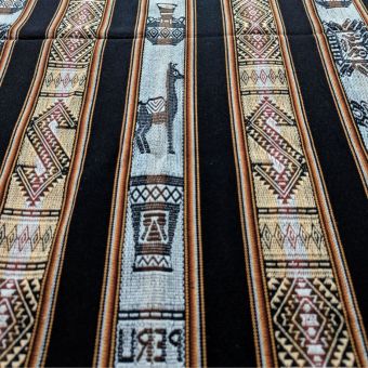 Tissu andin LLAMAS & QUEROS – Textile artisanal NOIR au mètre – Pérou authentique