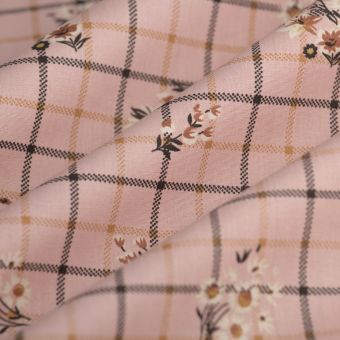 Tissu popeline coton bouquet carreaux rose