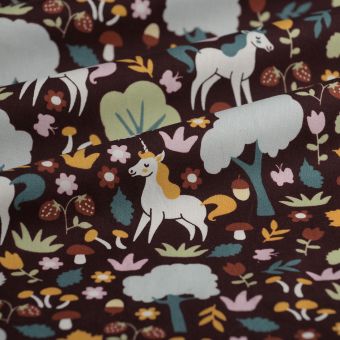 Tissu popeline coton licorne forêt