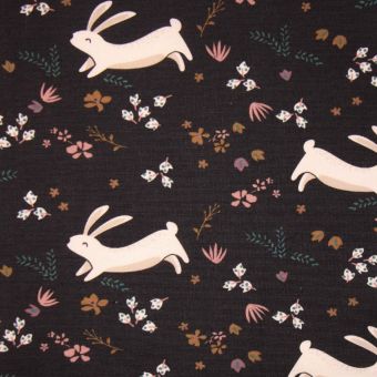 Tissu Cretonne Coton bio motif animaux forêt fleurs noir