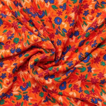 Coupon 3m viscose effet crêpon imprimé fleurs naïves orange - Promod Couture